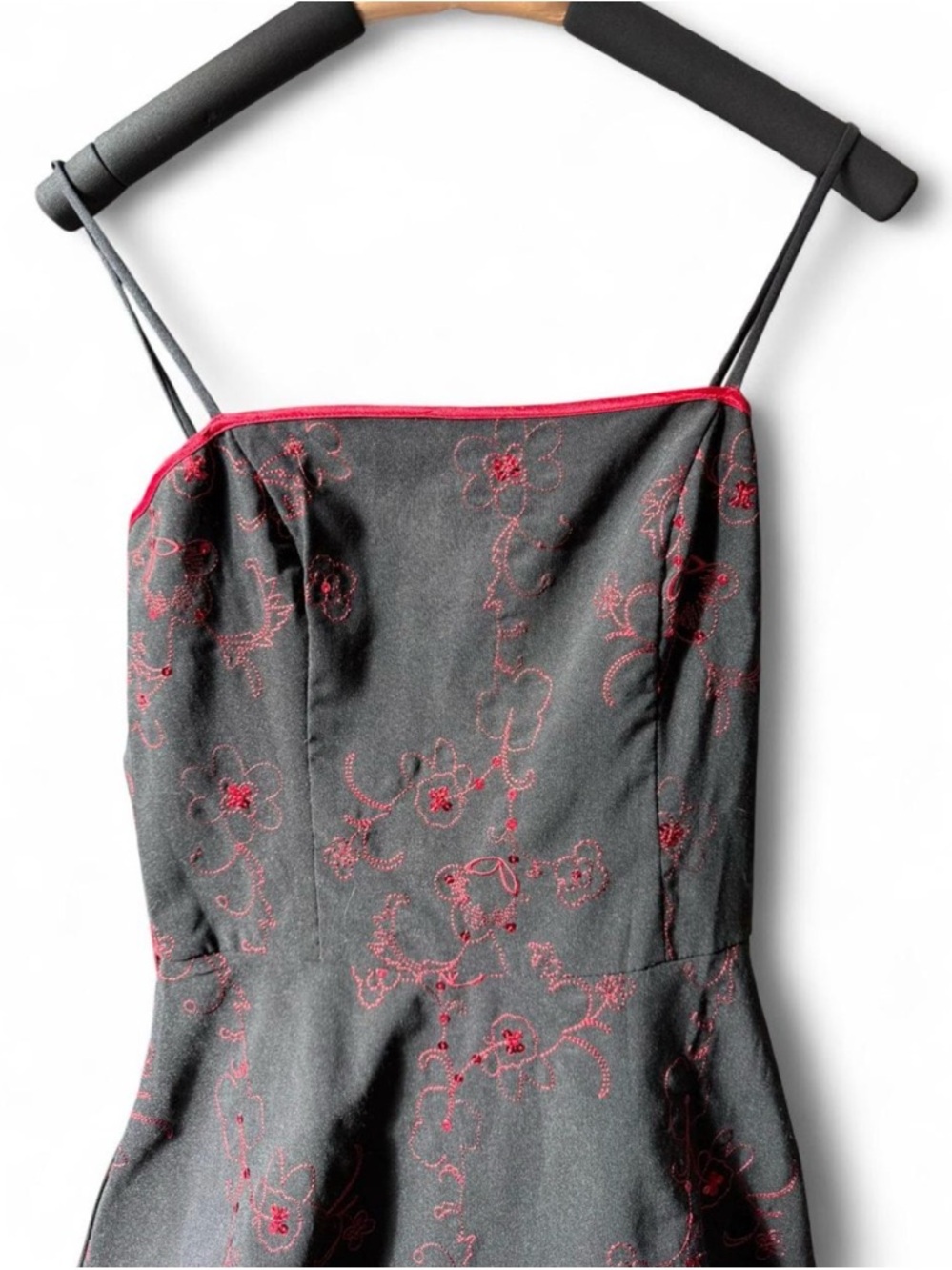 90’s Steppin' Out Black Mini Dress with Red Floral Embroidery